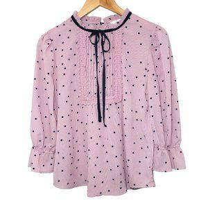 MINE Polka Dot Blouse Size Medium Pleated Lace Tie Neck Top